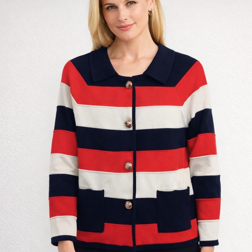 MILLY of New York Silk Blend Striped Cardigan Jacket Red/Creme/Blue Size M